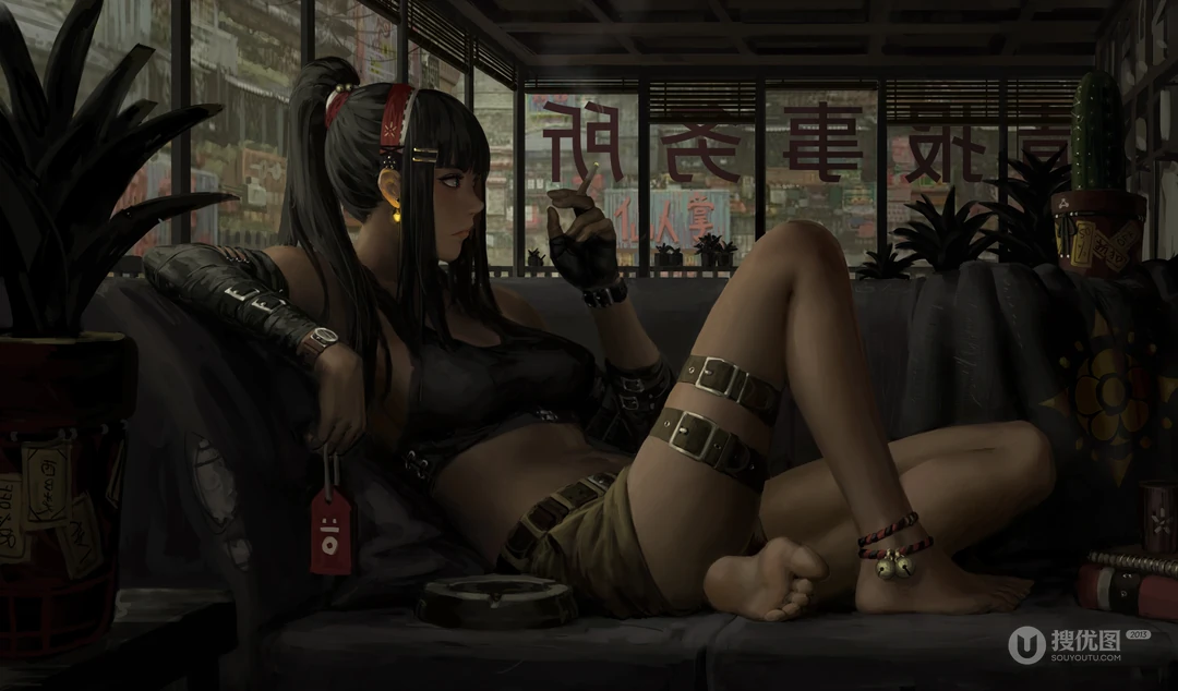坐在沙发上抽烟的动漫女生创意插画桌面壁纸