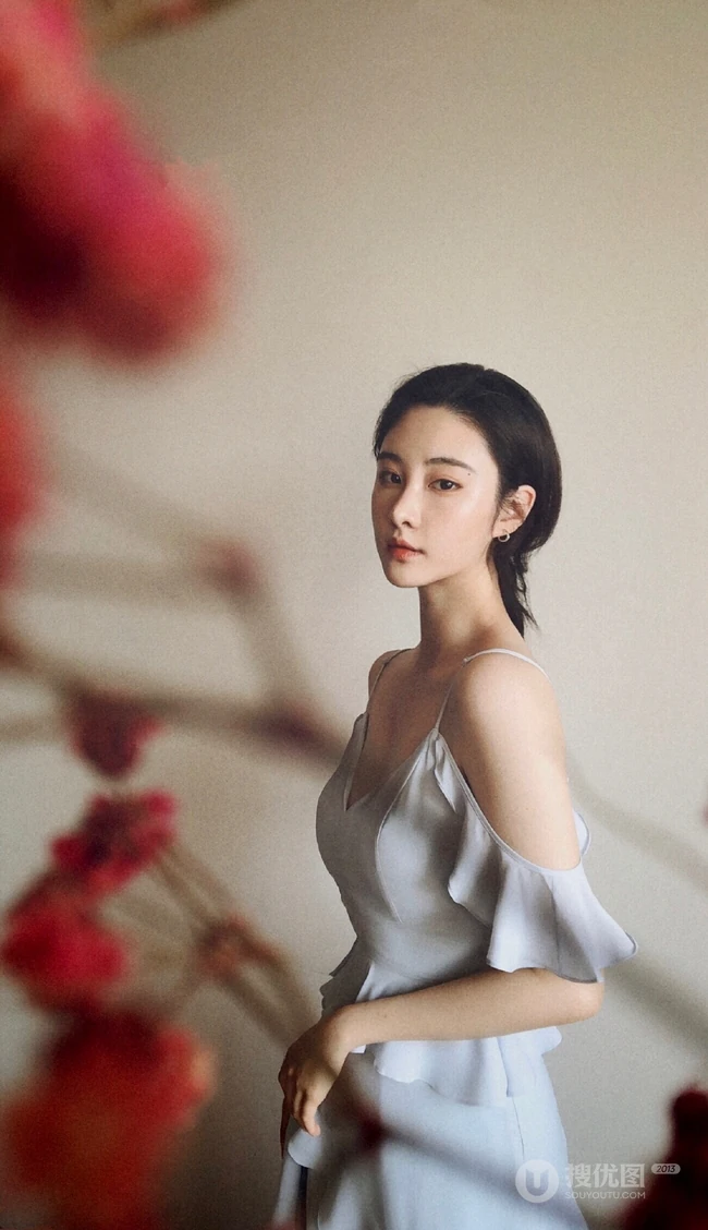刘丁菡麻花辫发型气质低领长裙气质写真图片