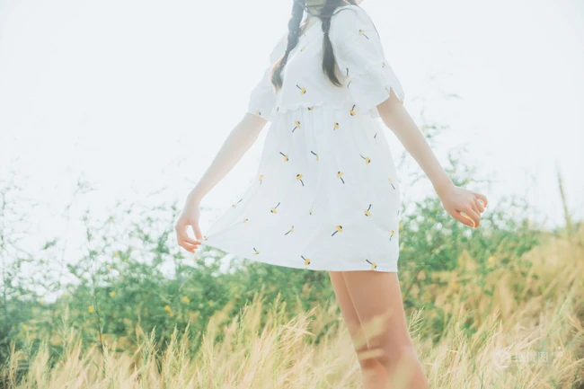 田野上的漂亮浅粉双麻花辫女生桜桃喵唯美清新白裙写真图片集