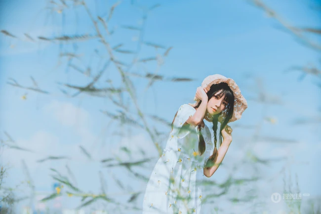 田野上的漂亮浅粉双麻花辫女生桜桃喵唯美清新白裙写真图片集