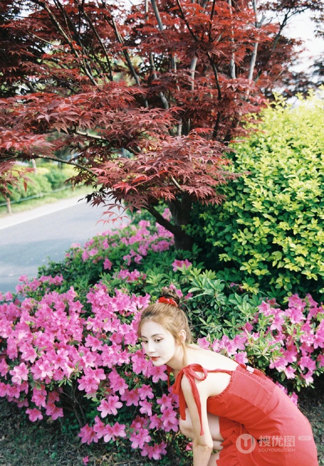 丸子头网红女生甜仇肩带红衣花丛中唯美摄影写真图片