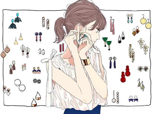 戴着耳饰耳环的漂亮时尚个性都市女孩手绘插画图片