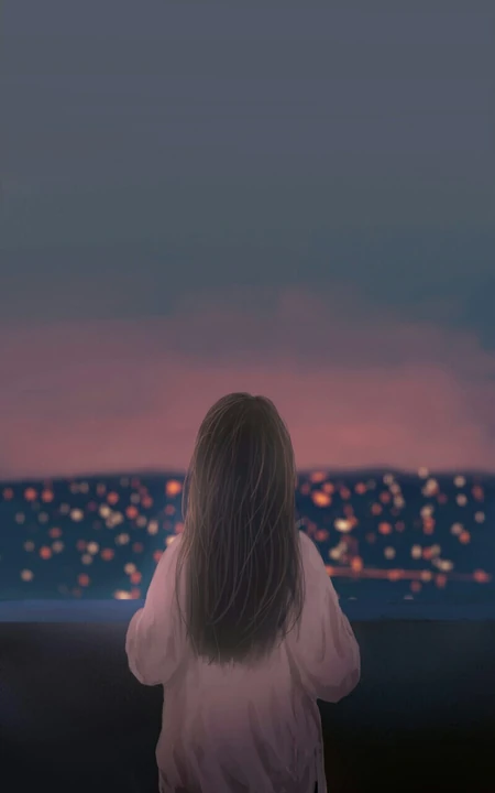 夜晚眺望城市的二次元长发女孩手绘手机壁纸