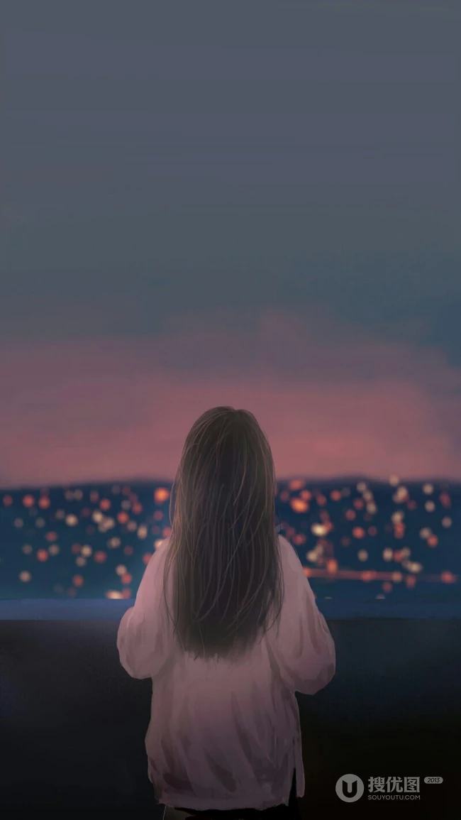夜晚眺望城市的二次元长发女孩手绘手机壁纸