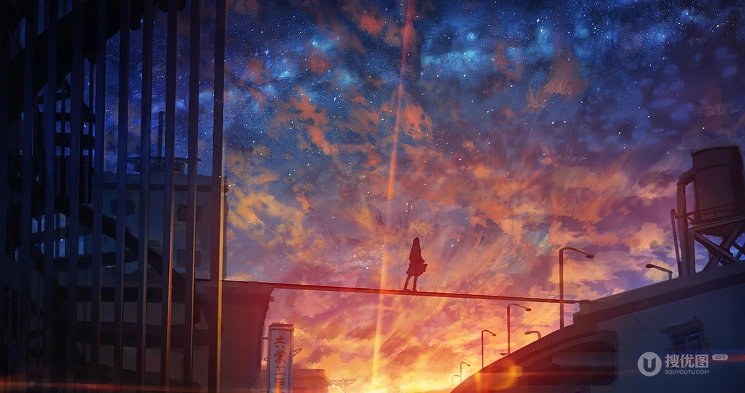 走在两栋楼顶间的动漫人物插画