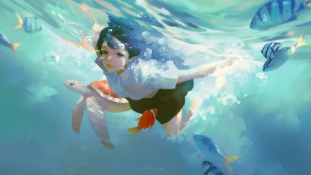 和海龟等海洋生物一同潜水的动漫人物