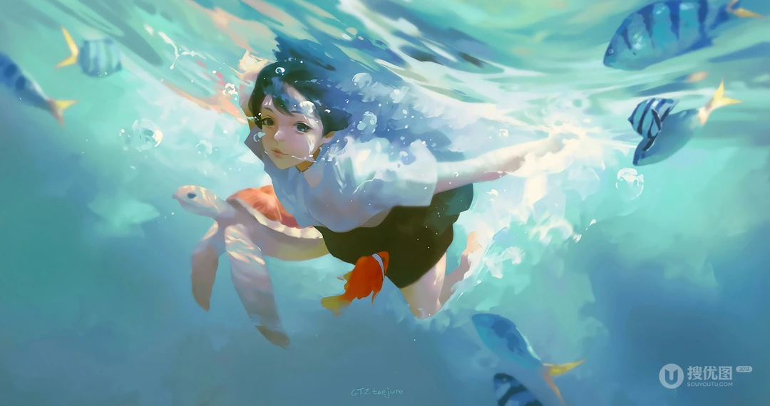 和海龟等海洋生物一同潜水的动漫人物