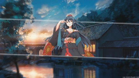 相框插画壁纸，穿和服的动漫日系女孩