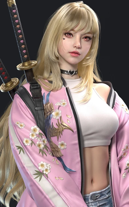 穿着刺绣外套，身上背着两把武士刀的动漫武士