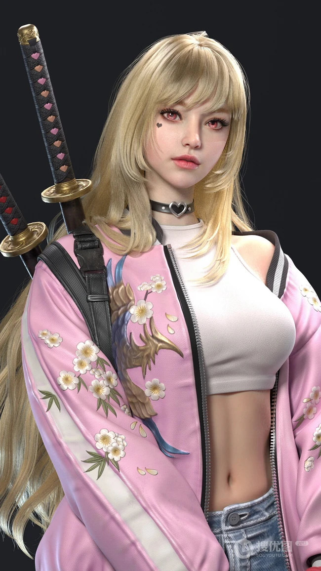 穿着刺绣外套，身上背着两把武士刀的动漫武士
