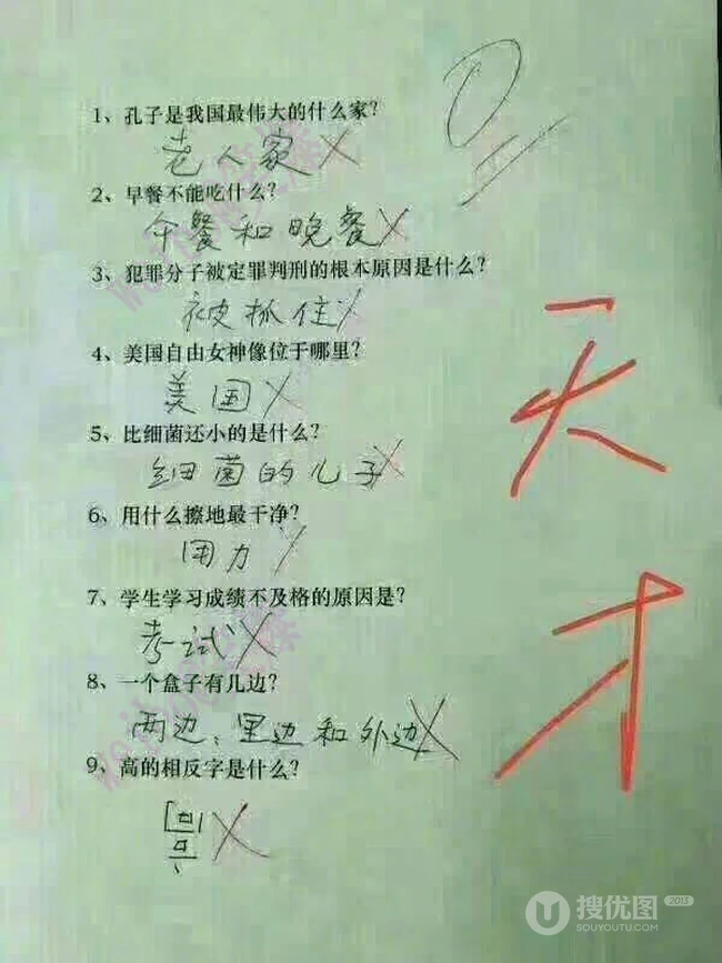 搞笑考试截图；评语是天才，还给人家0分。。。