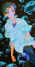 男生漂浮水母，女生漂浮蝴蝶情侣俩人一对手机壁纸