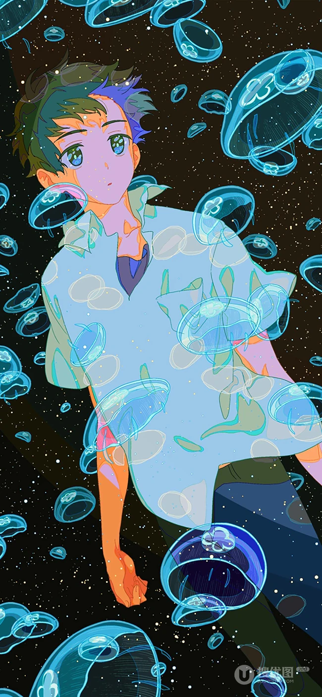 男生漂浮水母，女生漂浮蝴蝶情侣俩人一对手机壁纸