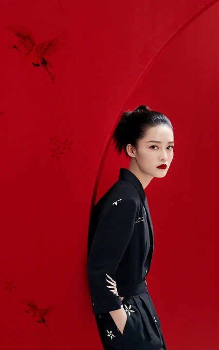 身靠红墙的美女明星李沁手机壁纸