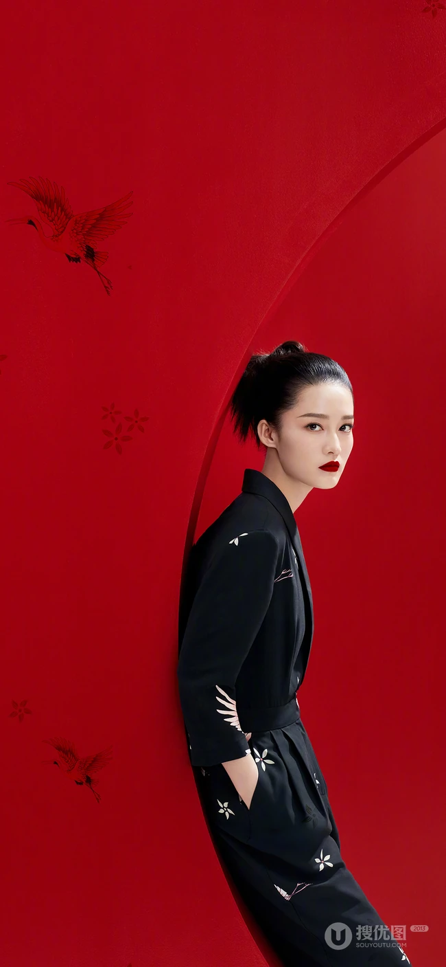 身靠红墙的美女明星李沁手机壁纸