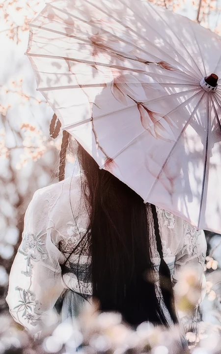 樱花树下打着油纸伞的唯美古风美女的背景等手机壁纸