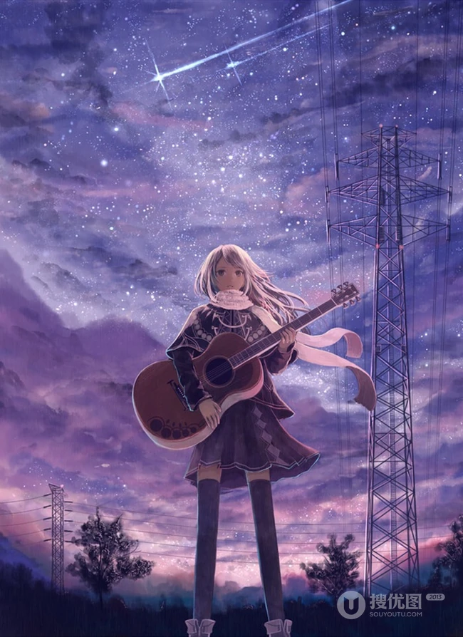 流星与少女，唯美二次元动漫少女和流星的邂逅插画图片 第4张