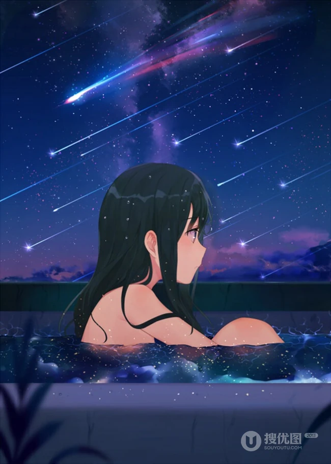 流星与少女，唯美二次元动漫少女和流星的邂逅插画图片 第5张