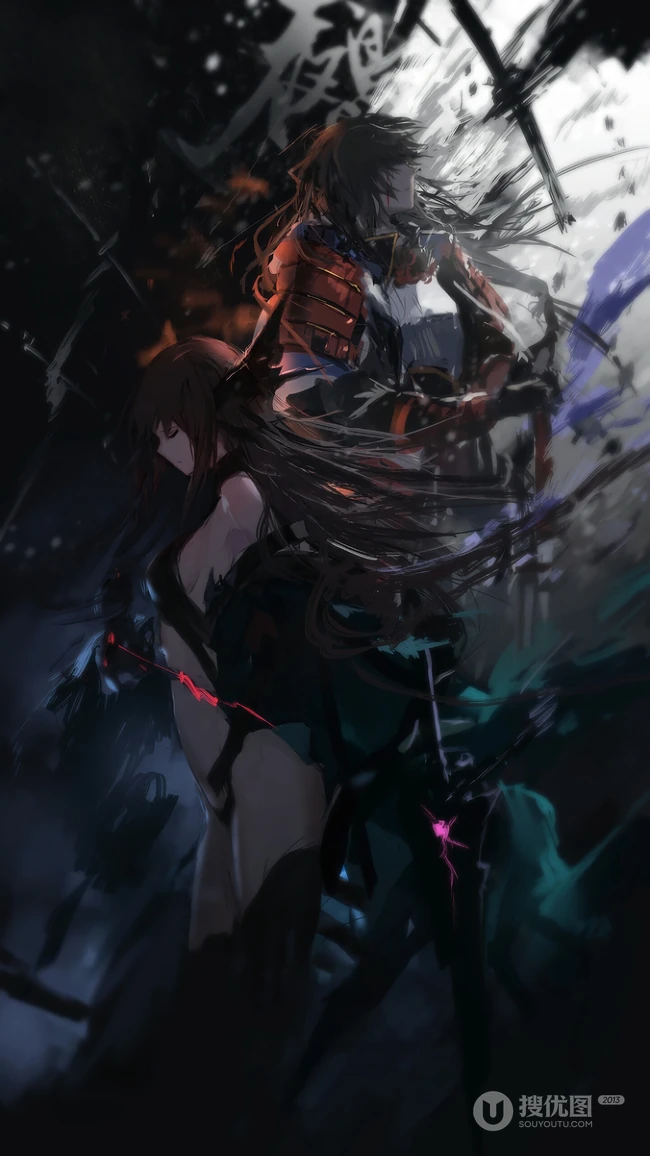暗黑风格一男一女背靠背动漫2k手机壁纸图片