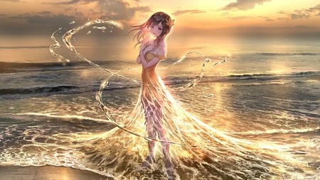 晚潮的礼服，水做的衣，海边穿着潮水衣的超美二次元少女壁纸