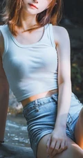 山间溪流里的美丽身影，紧身热裤女生唯美森系写真摄影图片