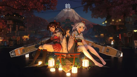 夜晚，富士山下，两个坐在灯台上的美腿少女4K动漫壁纸
