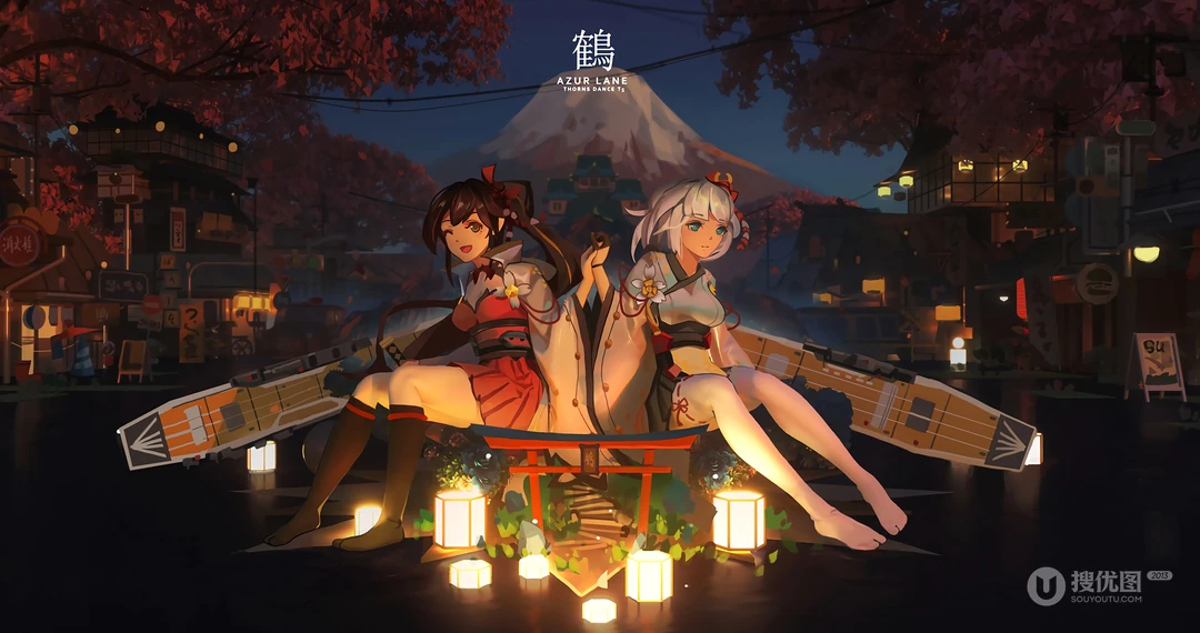 夜晚，富士山下，两个坐在灯台上的美腿少女4K动漫壁纸
