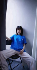 田沅晒齐肩短发搭配蓝色酷潮穿搭个性写真