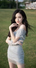 吴宣仪甜美气质露肩装连衣裙户外草地线条感写真