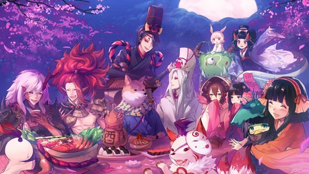 &ldquo;阴阳师&rdquo;中的人物团聚在一起喝酒吃肉的插画壁纸图片