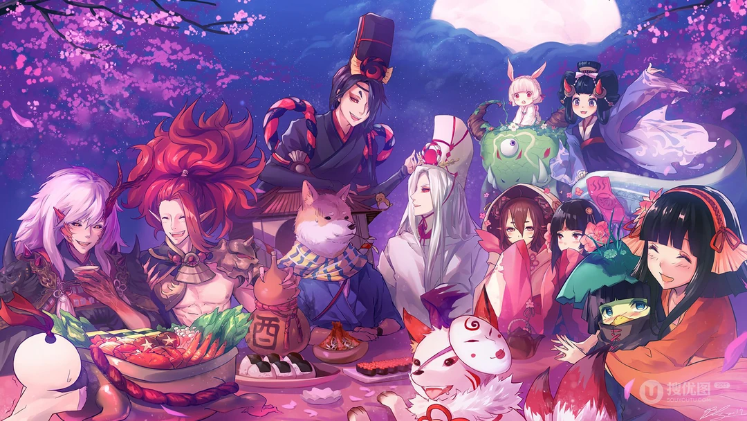 &ldquo;阴阳师&rdquo;中的人物团聚在一起喝酒吃肉的插画壁纸图片