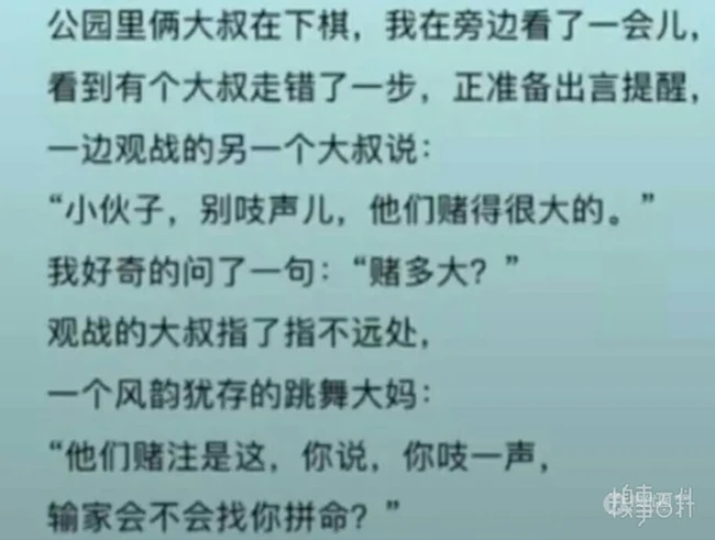 公园里下棋的两大叔赌注搞笑幽默文字图片