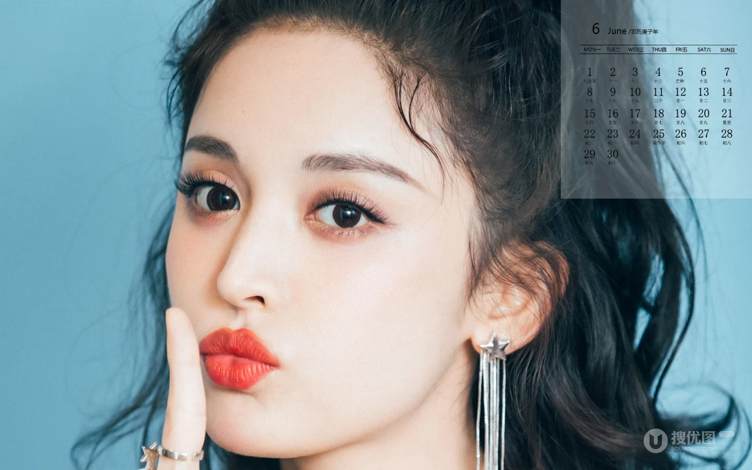 古力娜扎甜美卷发发型丸子头6月日历桌面壁纸图片