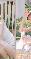 趁着大太阳屋外晾衣服，被子的漂亮短裤丸子头女生清新写真