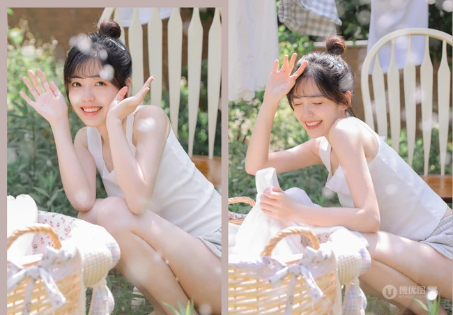 趁着大太阳屋外晾衣服，被子的漂亮短裤丸子头女生清新写真