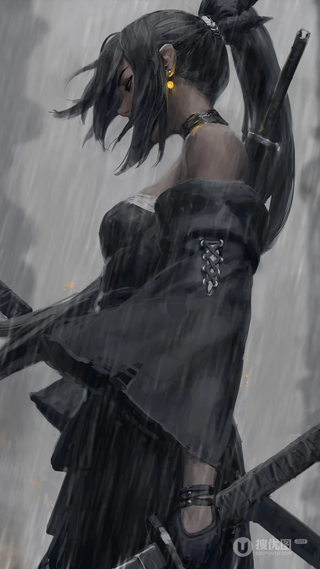 鬼刀系列插画雨中的日本女武士手机壁纸