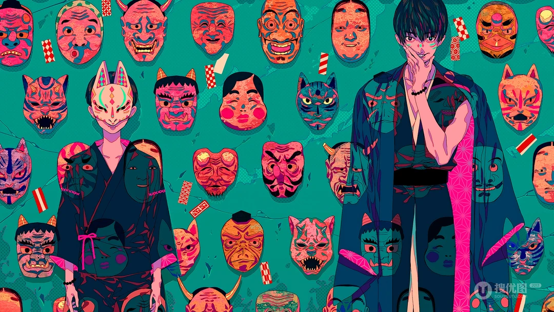 来自日本画师秋赤音-AKIAKANE的人像插画壁纸，画风独特让人印象深刻