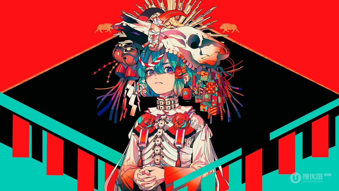 来自日本画师秋赤音-AKIAKANE的人像插画壁纸，画风独特让人印象深刻