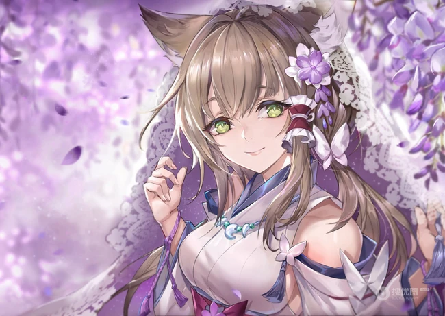 紫色藤花下的二次元动漫少女唯美图片