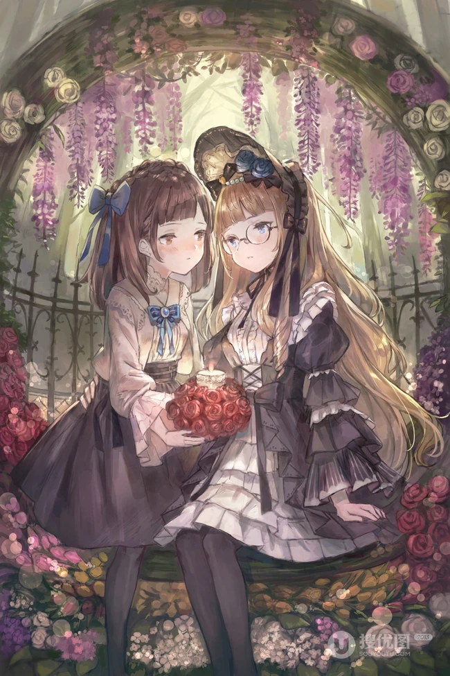 紫色藤花下的二次元动漫少女唯美图片