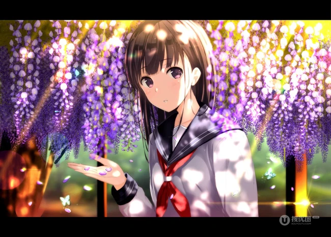 紫色藤花下的二次元动漫少女唯美图片