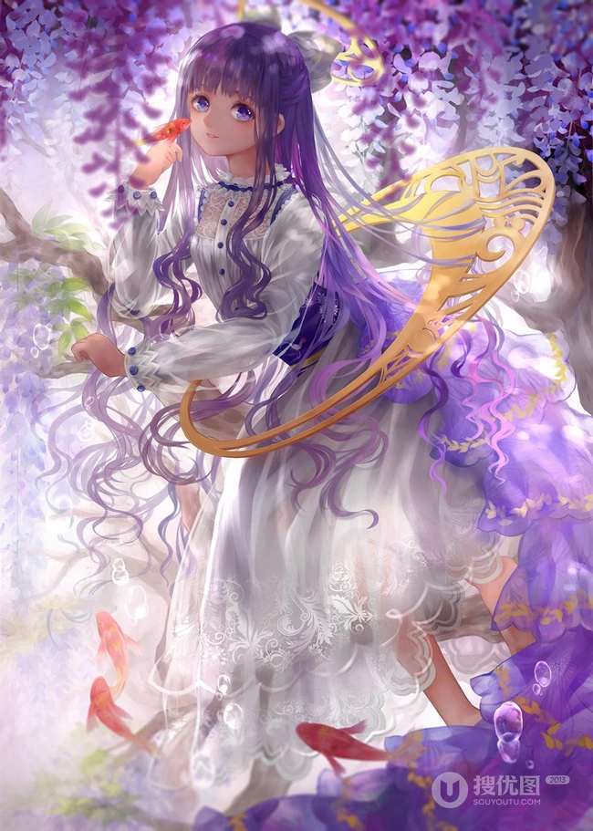 紫色藤花下的二次元动漫少女唯美图片