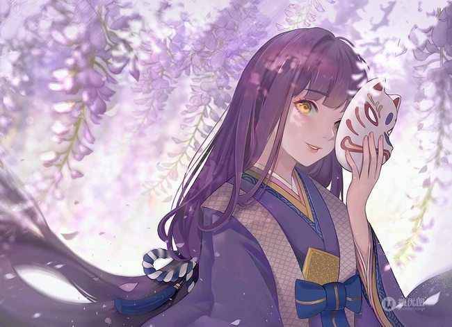 紫色藤花下的二次元动漫少女唯美图片