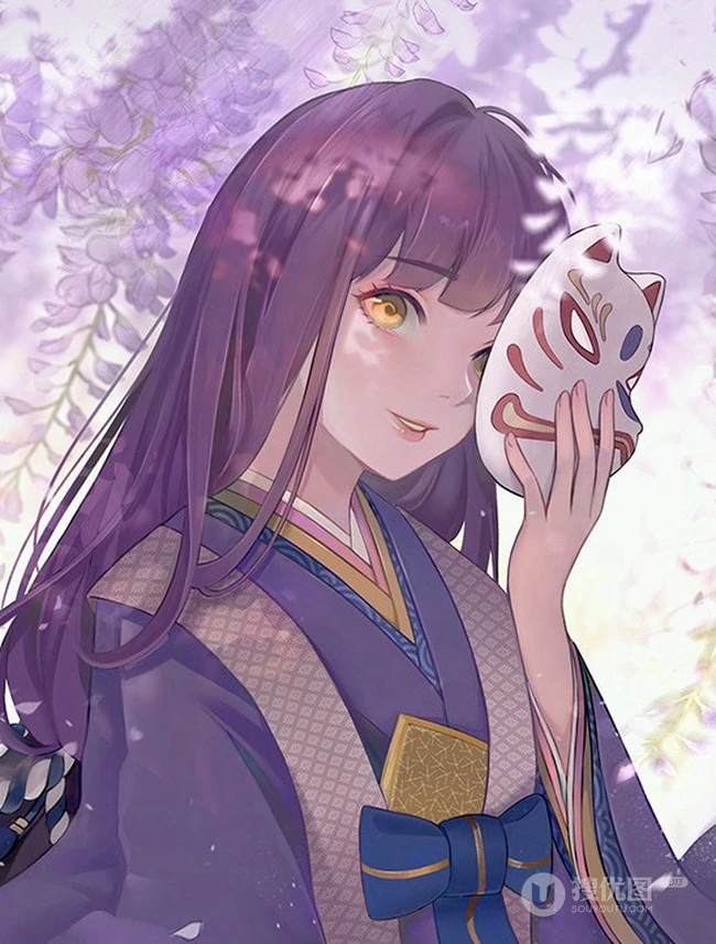 紫色藤花下的二次元动漫少女唯美图片