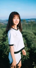 茶山上背着相机的美丽白衣短裙女生唯美户外摄影美图