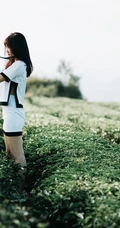 茶山上背着相机的美丽白衣短裙女生唯美户外摄影美图
