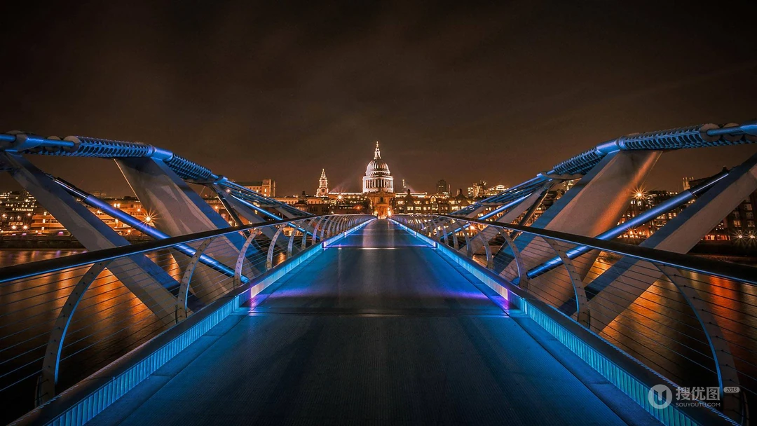 英国伦敦千禧桥夜景，以圣保罗大教堂为背景的千禧桥唯美壁纸图片