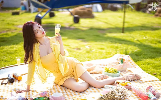 户外草地野炊的气质黄裙女生杨晨晨写真摄影美照
