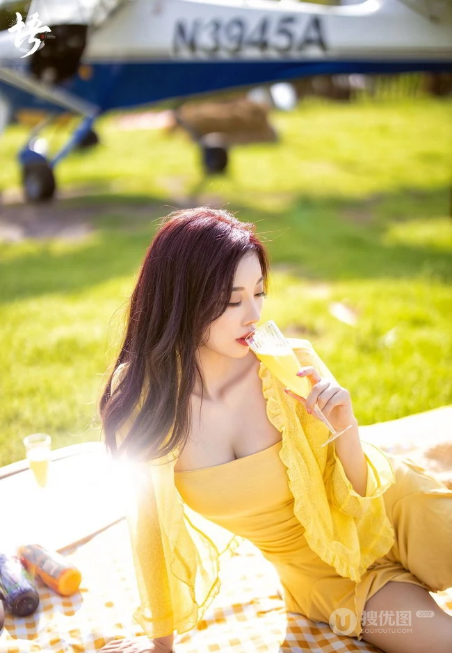 户外草地野炊的气质黄裙女生杨晨晨写真摄影美照