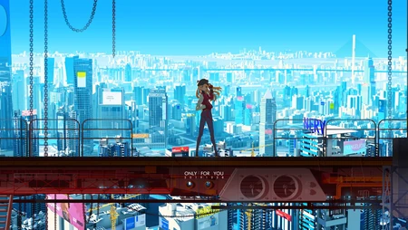站在城市最高处看风景的时尚动漫女生壁纸图片